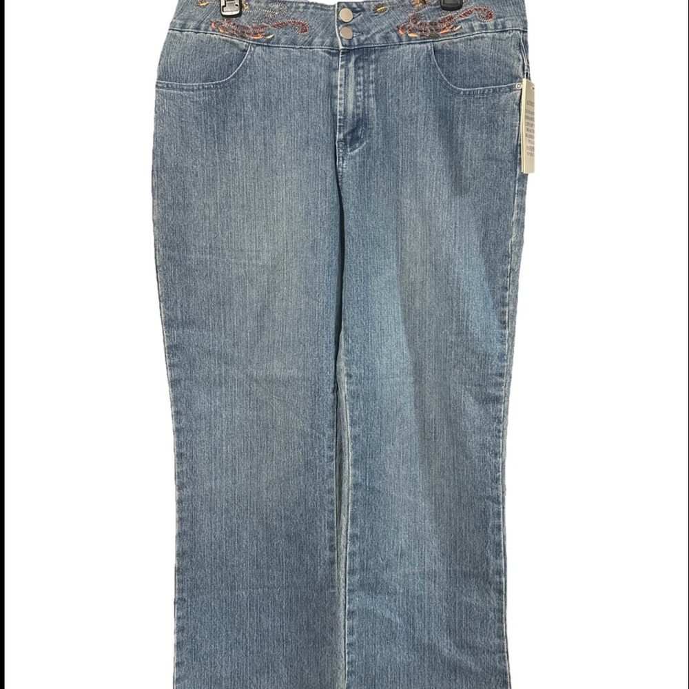 Classic Blue Denim Jeans sz 12 P embroidered waist double button